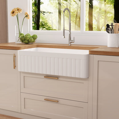 DeerValley Solstice Fireclay Farmhouse Sink,  35.5"L x 18"W Farmhouse Kitchen Sink White Large Single Bowl Farm Sink Reversible Apron Front with Sink Grid and Basket Strainer, DV-1K0377