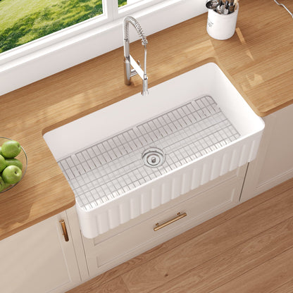 DeerValley Solstice Fireclay Farmhouse Sink,  35.5"L x 18"W Farmhouse Kitchen Sink White Large Single Bowl Farm Sink Reversible Apron Front with Sink Grid and Basket Strainer, DV-1K0377