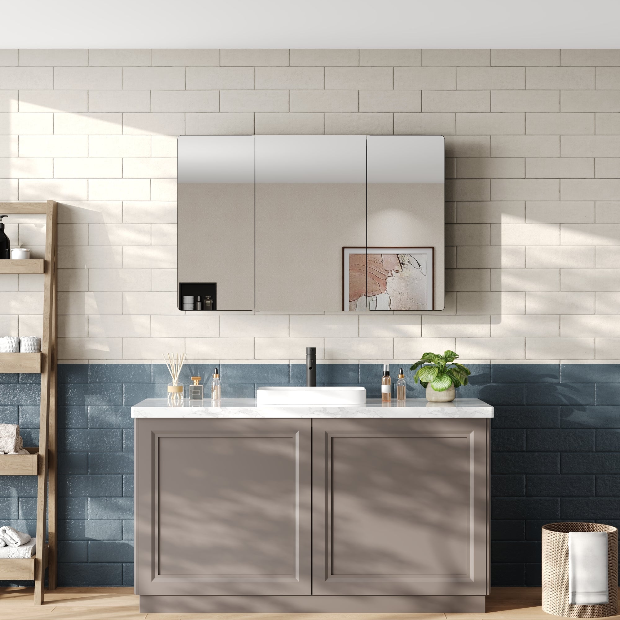 DeerValley Three-Door Wall-Mounted Mirror Cabinet with Black Aluminum Frame and Inner Storage