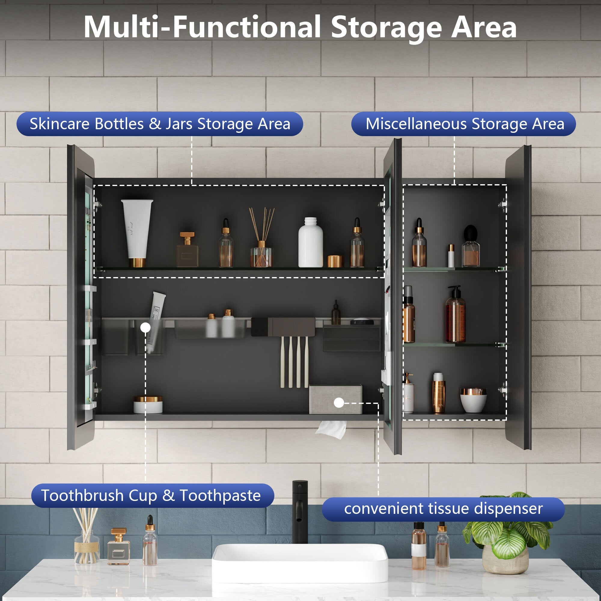 DeerValley Three-Door Wall-Mounted Mirror Cabinet with Black Aluminum Frame and Inner Storage