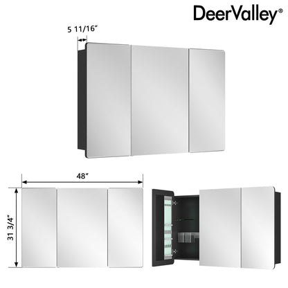 DeerValley Three-Door Wall-Mounted Mirror Cabinet with Black Aluminum Frame and Inner Storage