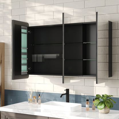 DeerValley Three-Door Wall-Mounted Mirror Cabinet with Black Aluminum Frame and Inner Storage