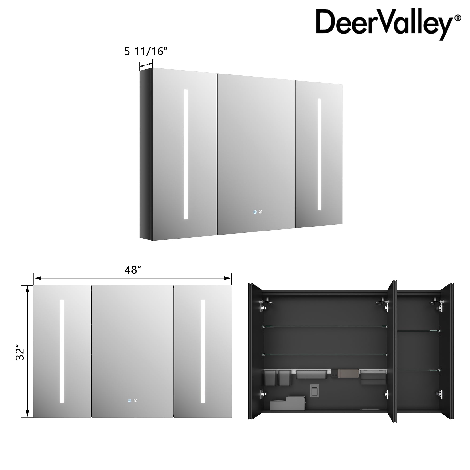 DeerValley Three-Door Wall-Mounted Mirror Cabinet with Black Aluminum Frame and Inner Storage