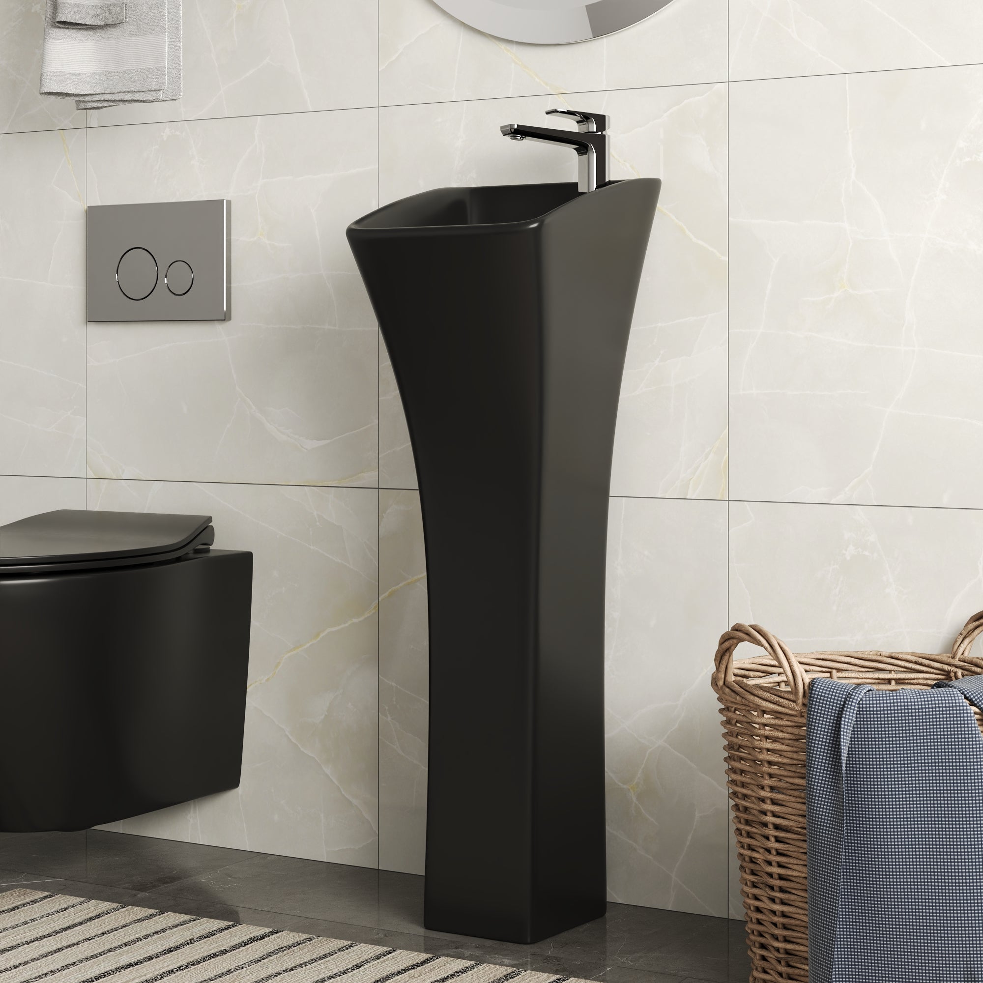 Horizon Small Pedestal Bathroom Sink 11"L x 13"W x 35"H Ceramic One Piece Bath Sink with Overflow