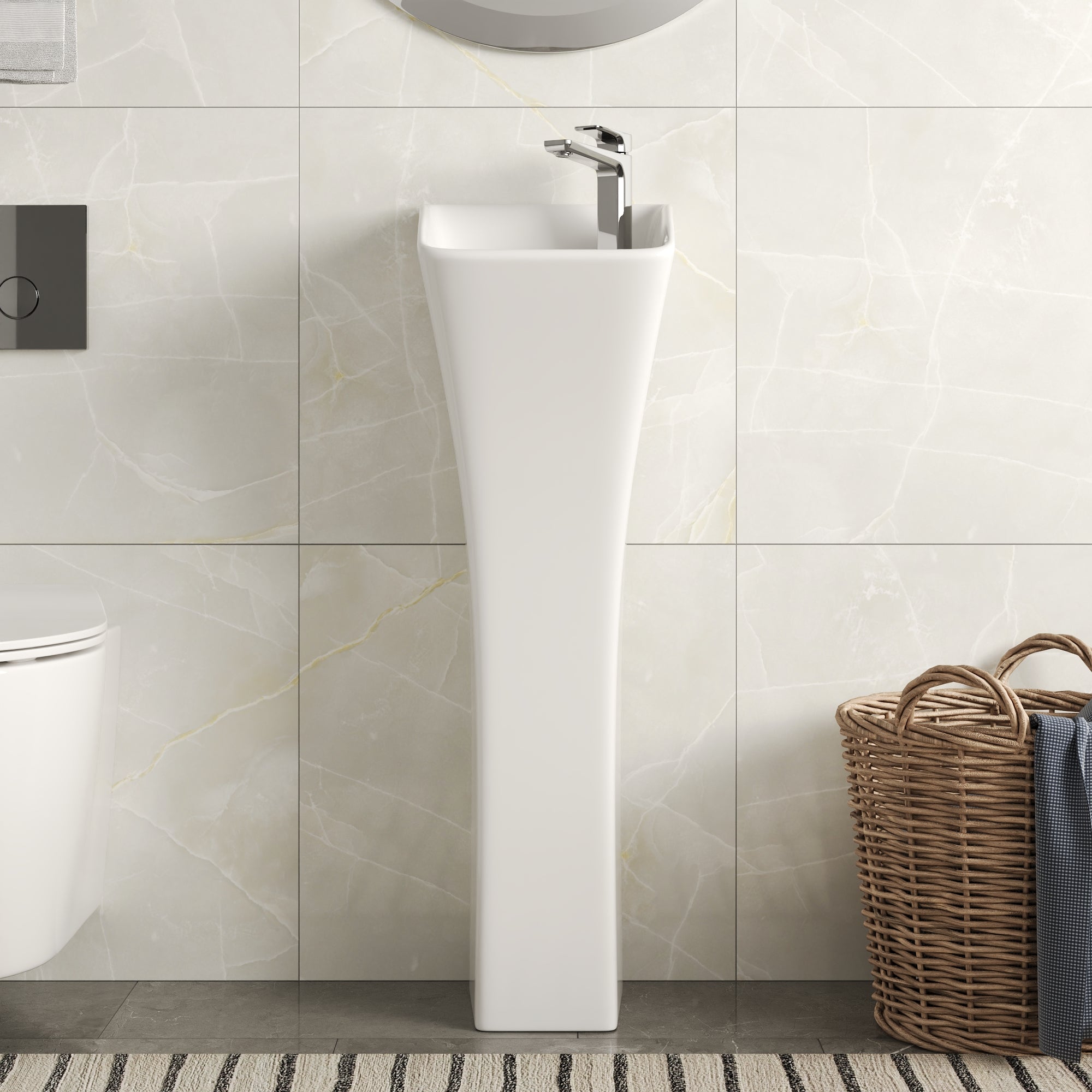 Horizon Small Pedestal Bathroom Sink 11"L x 13"W x 35"H Ceramic One Piece Bath Sink with Overflow