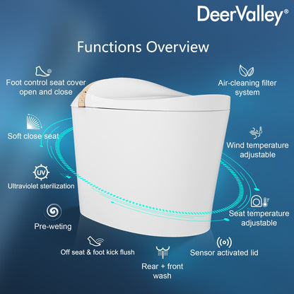 DeerValley DV-1S0160-V3 Premium Tankless Elongated Smart Bidet Toilet with Off-Seat Flush/Foot Sensor Flush, Automatic Tankless Toilet with Heated Seat, Warm Water Cleaning, Warm Air dryer