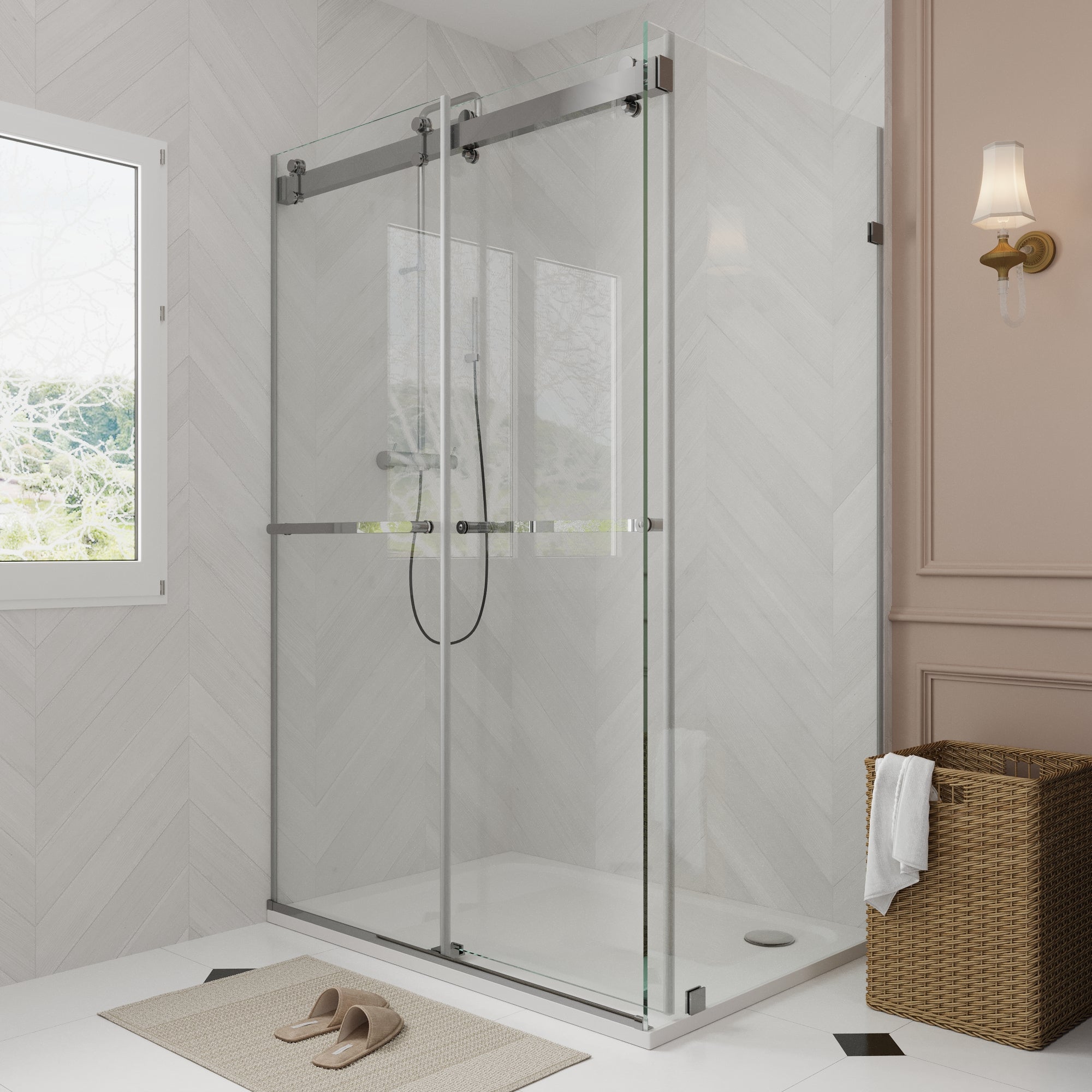 Sliding Frameless Shower Enclosure with 3/8" Clear Glass, Stainless Steel Accessories
