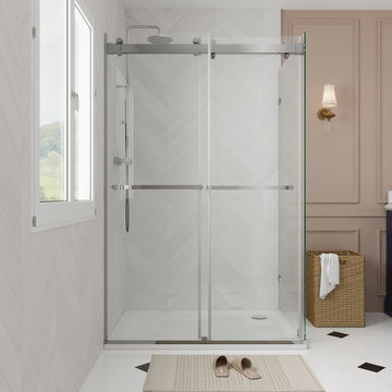 Sliding Frameless Shower Enclosure with 3/8" Clear Glass, Stainless Steel Accessories
