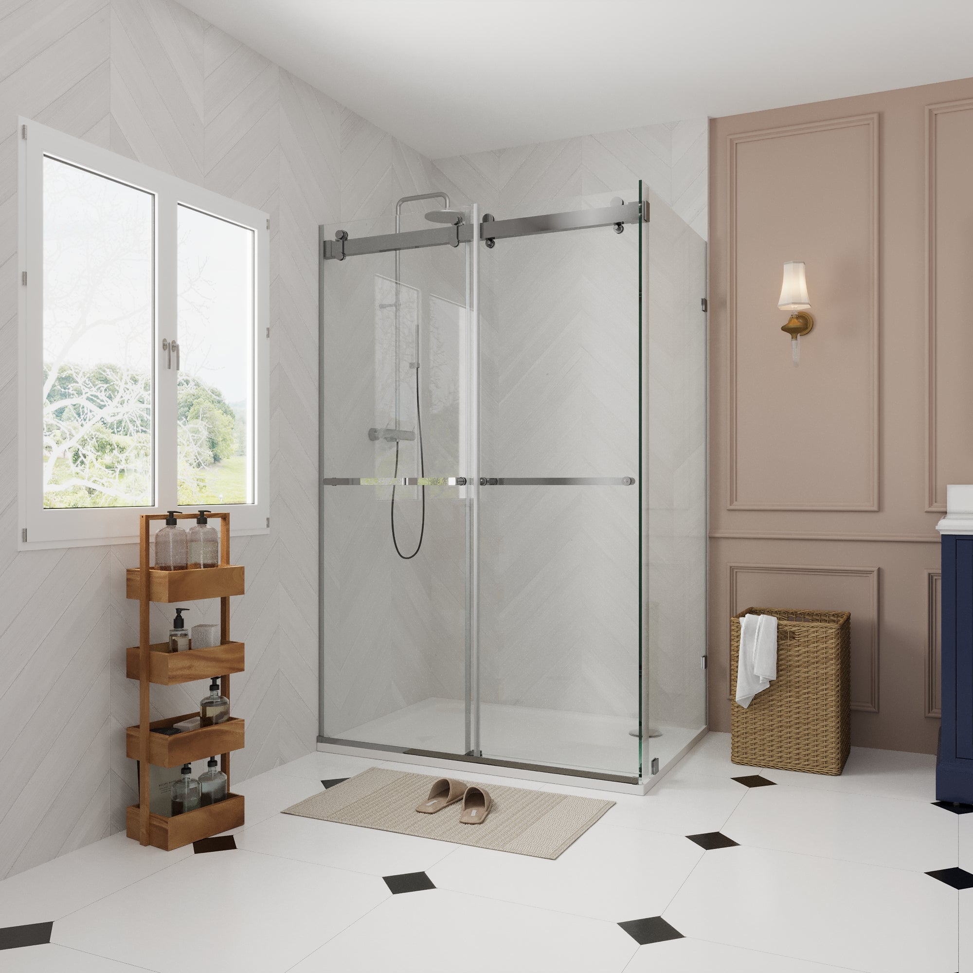Sliding Frameless Shower Enclosure with 3/8" Clear Glass, Stainless Steel Accessories