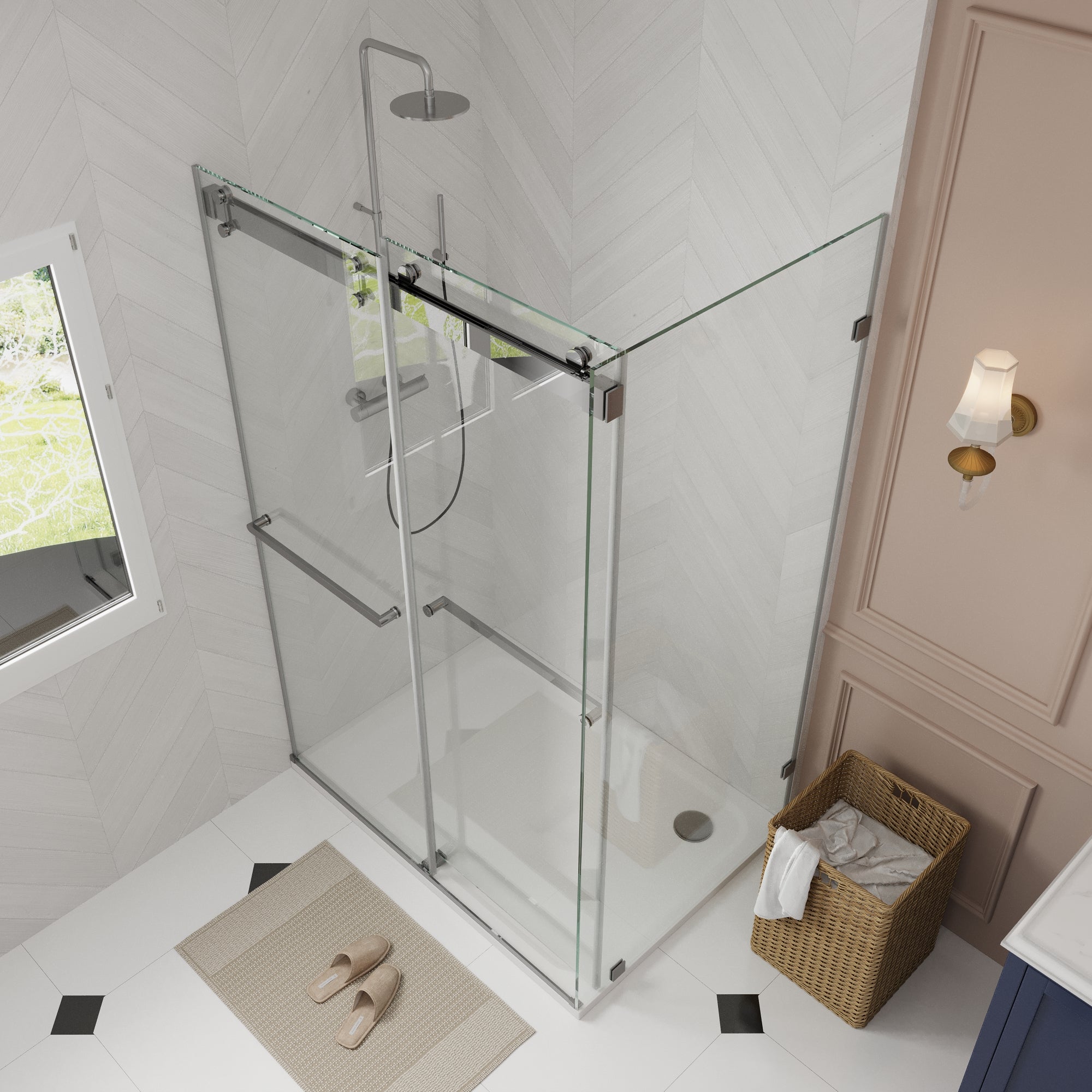 Sliding Frameless Shower Enclosure with 3/8" Clear Glass, Stainless Steel Accessories