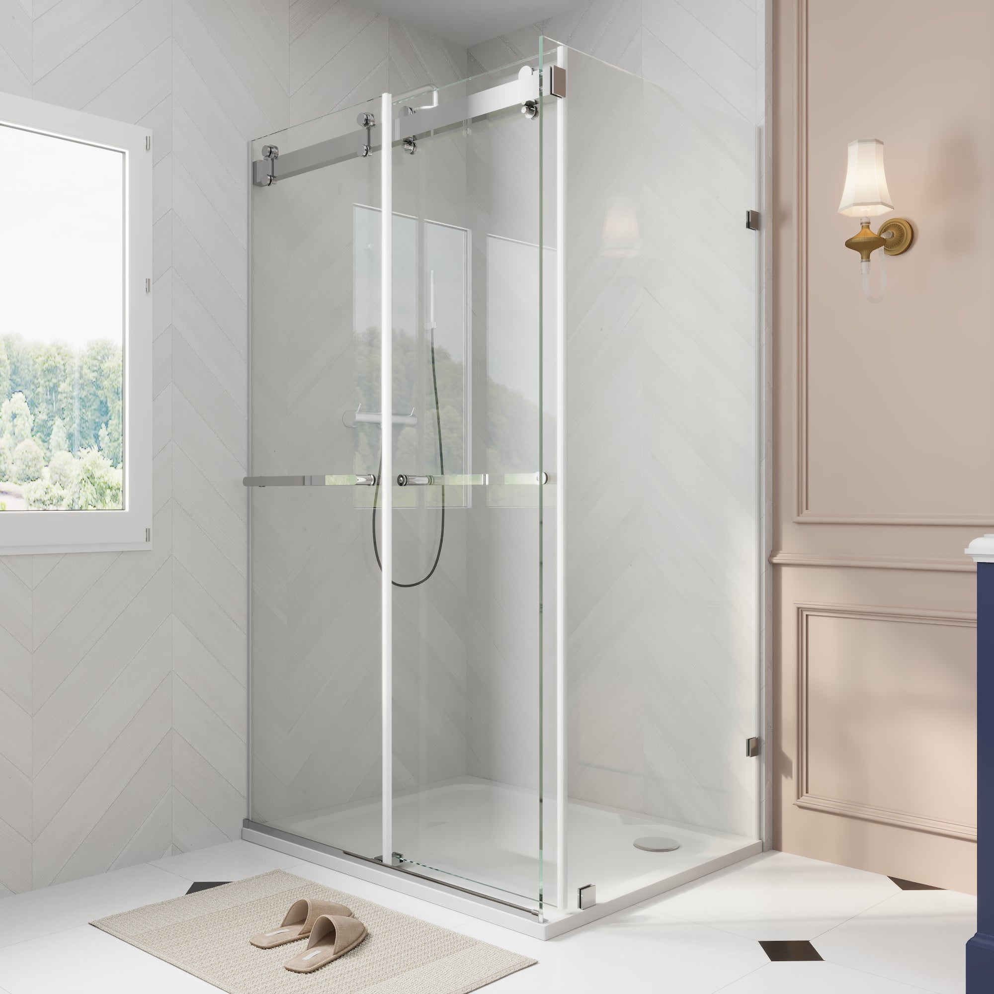 Sliding Frameless Shower Enclosure with 3/8" Clear Glass, Stainless Steel Accessories