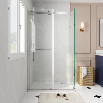 Sliding Frameless Shower Enclosure with 3/8" Clear Glass, Stainless Steel Accessories