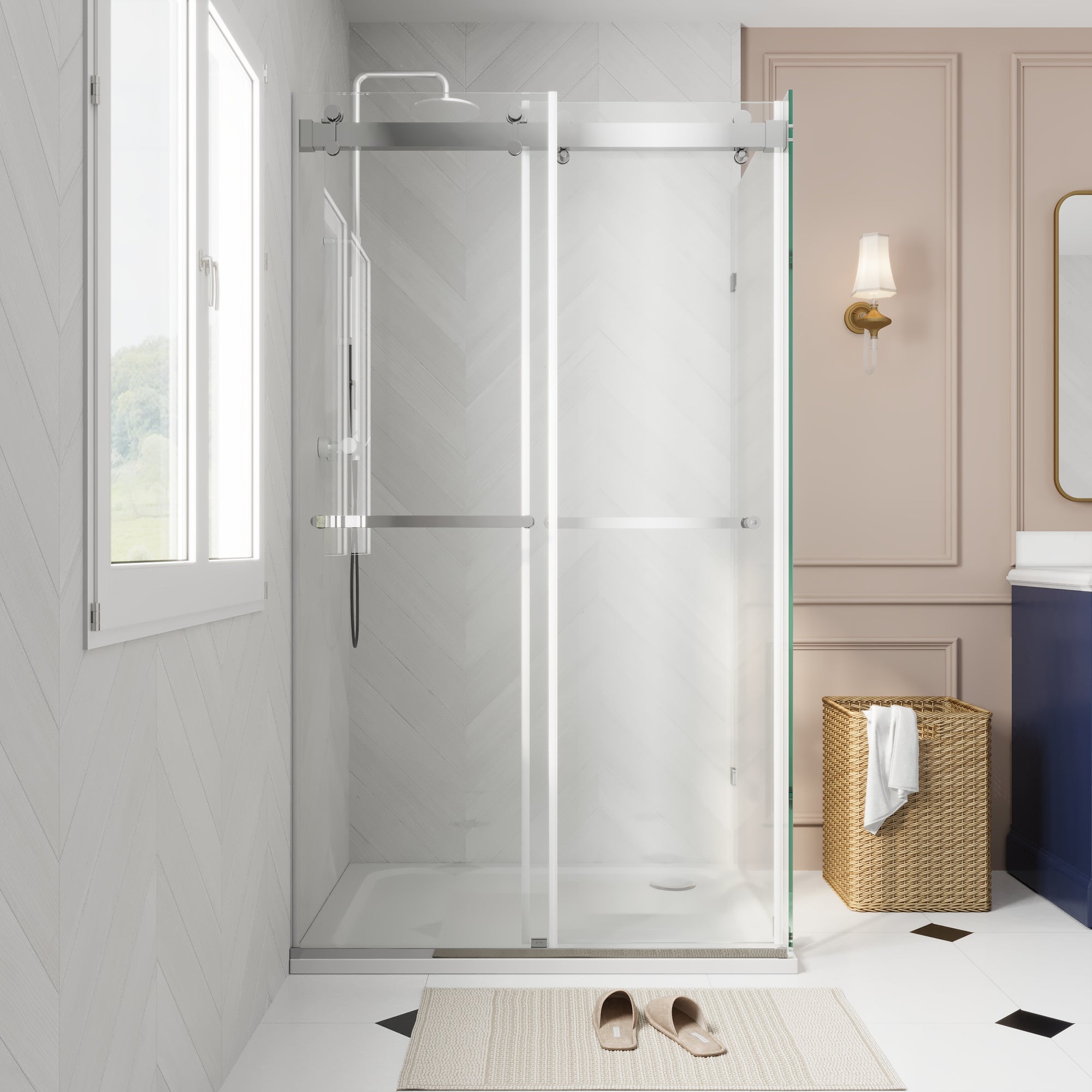 Sliding Frameless Shower Enclosure with 3/8" Clear Glass, Stainless Steel Accessories