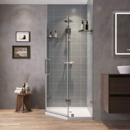 DYNASTY Frameless Neo-Angle Shower Enclosure, 0.39" Clear Tempered Glass, Stainless Steel Accessories