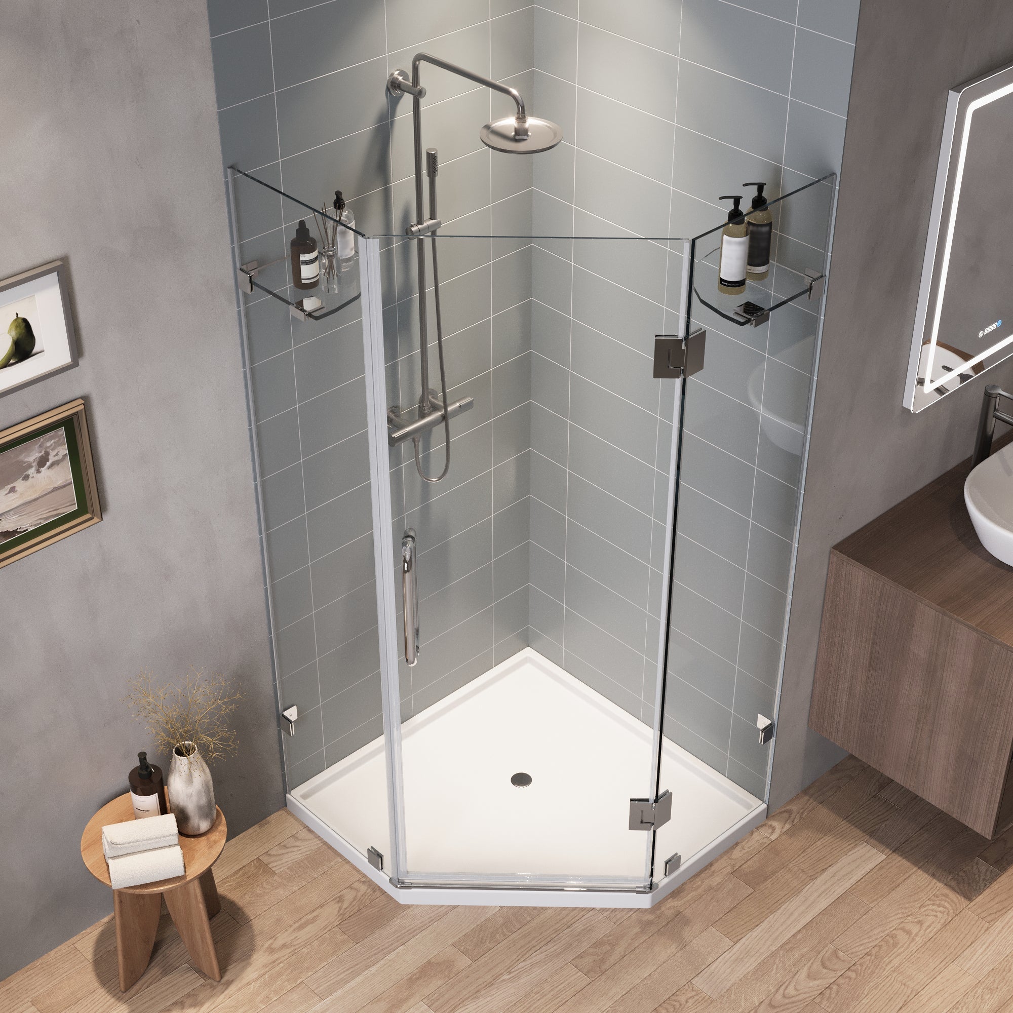 DYNASTY Frameless Neo-Angle Shower Enclosure, 0.39" Clear Tempered Glass, Stainless Steel Accessories