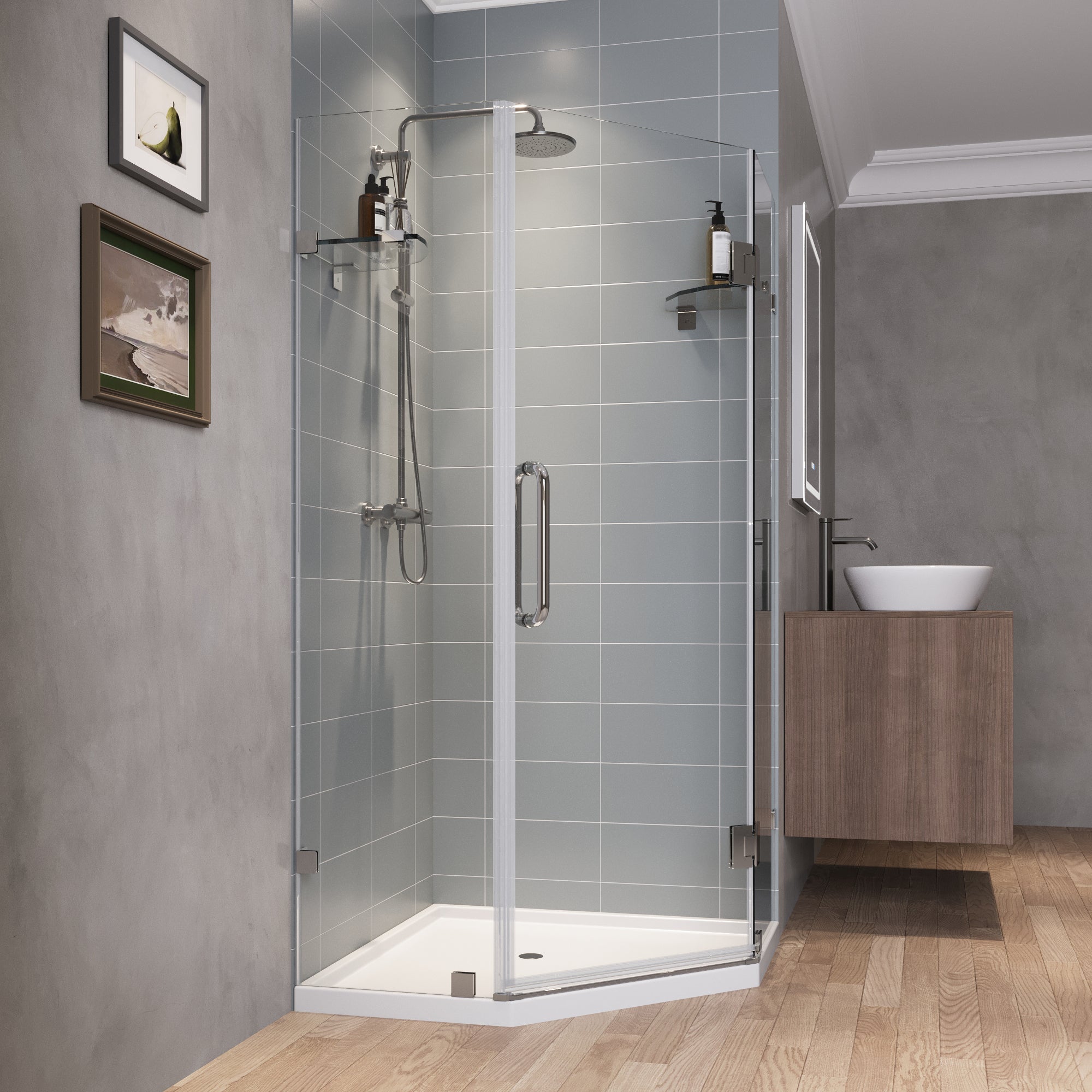 DYNASTY Frameless Neo-Angle Shower Enclosure, 0.39" Clear Tempered Glass, Stainless Steel Accessories
