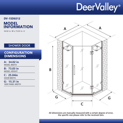 DeerValley DV-1SD0212 Frameless Neo-Angle Shower Enclosure, 0.39" Clear Tempered Glass, Stainless Steel Accessories