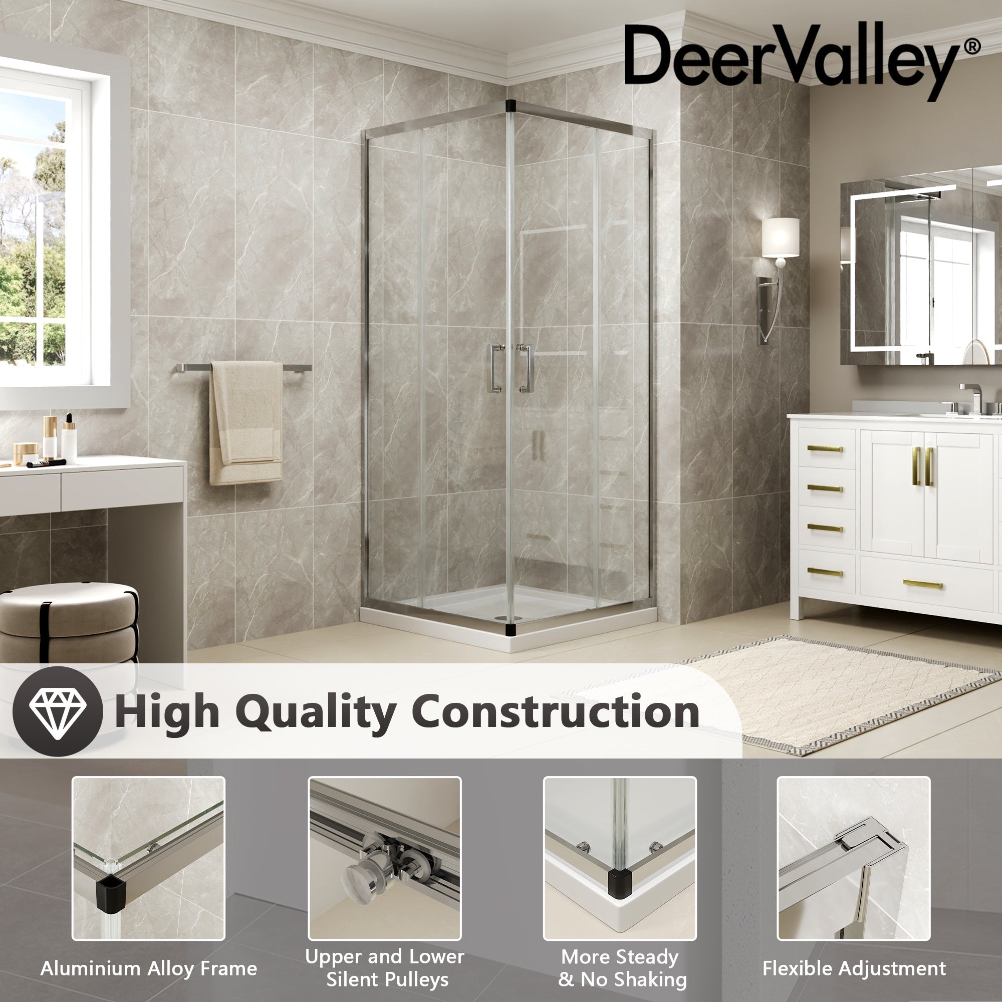 DYNASTY Framed Square Reversible Shower Enclosure, Double Sliding Door Corner Shower Door with 0.24" Clear Glass