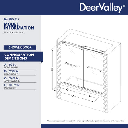 LIBERTY 60" x 62" Tub Shower Door Double Sliding Bypass Sliding Bathtub Door