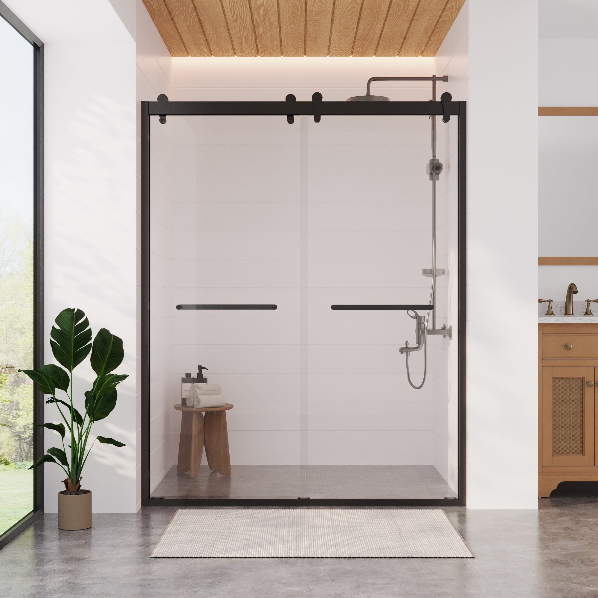 56 in. - 60 in. W x 76 in. H Framed Double Sliding Shower Door, Silver / Matte Black / Gold