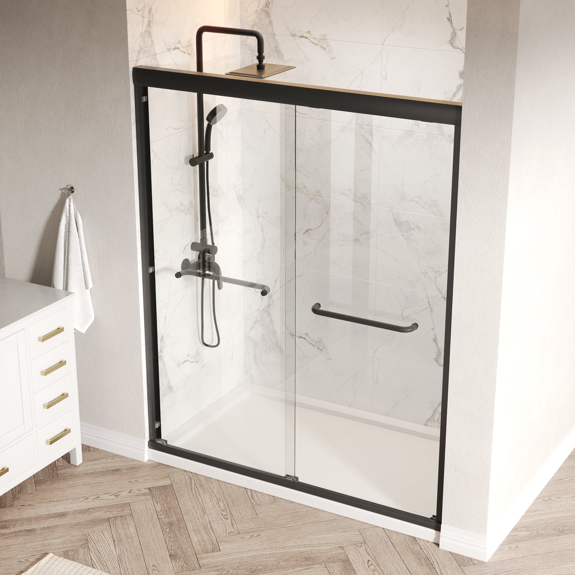 56 in. - 60 in. W x 76 in. H Semi-Frameless Sliding Shower Door,Silver Finish / Black Finish