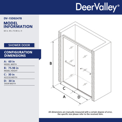 DeerValley DV-1SD0247S Semi-Frameless Sliding Shower Door, 56-60" W x 76" H