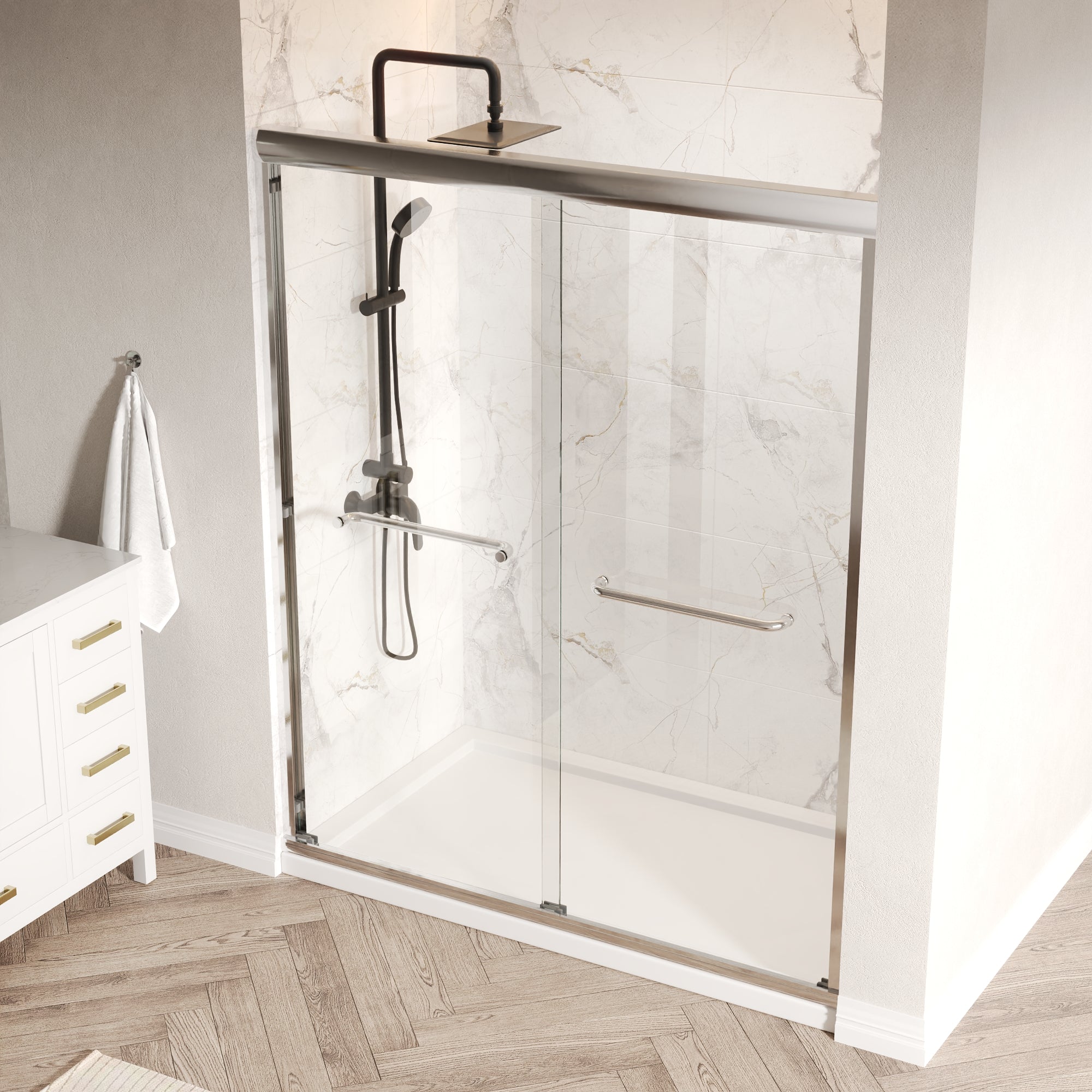 56 in. - 60 in. W x 76 in. H Semi-Frameless Sliding Shower Door,Silver Finish / Black Finish