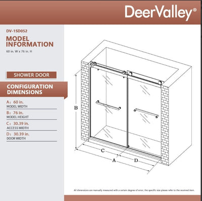 DeerValley DV-1SD052 60"x 76" Shower Enclosure Double Sliding Frameless