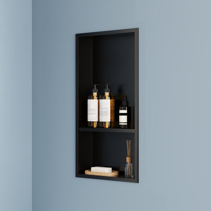 DeerValley 12" x 24" Double Shelf Shower Niche with Drainage Slope, Matte Black, White, or Stainless Steel Finish - Recessed Wall Bathroom Niche, No Tile Required