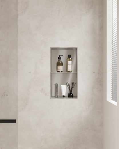 DeerValley 12" x 24" Double Shelf Shower Niche with Drainage Slope, Matte Black, White, or Stainless Steel Finish - Recessed Wall Bathroom Niche, No Tile Required