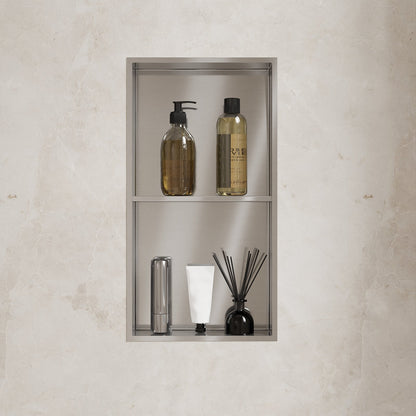 DeerValley 12" x 24" Double Shelf Shower Niche with Drainage Slope, Matte Black, White, or Stainless Steel Finish - Recessed Wall Bathroom Niche, No Tile Required