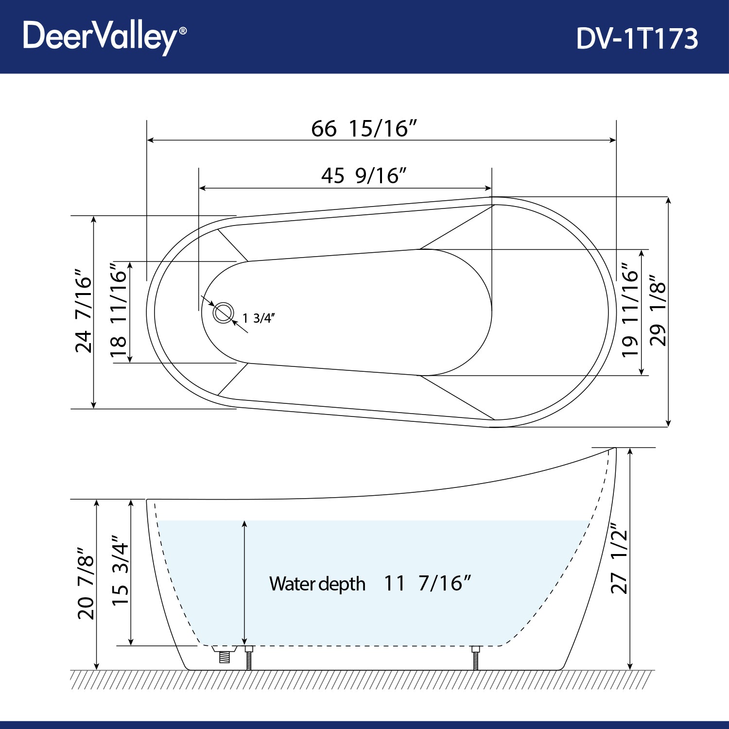 DeerValley Bath DeerValley DV-1T173 Prism 67" x 29" Freestanding Soaking Acrylic Bathtub