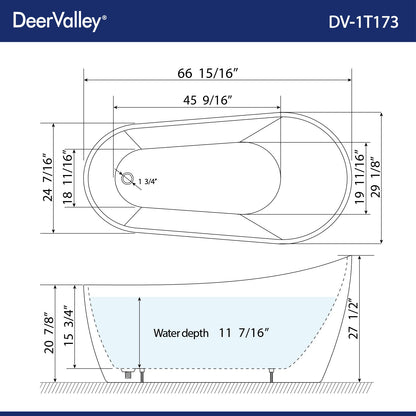 DeerValley Bath DeerValley DV-1T173 Prism 67" x 29" Freestanding Soaking Acrylic Bathtub