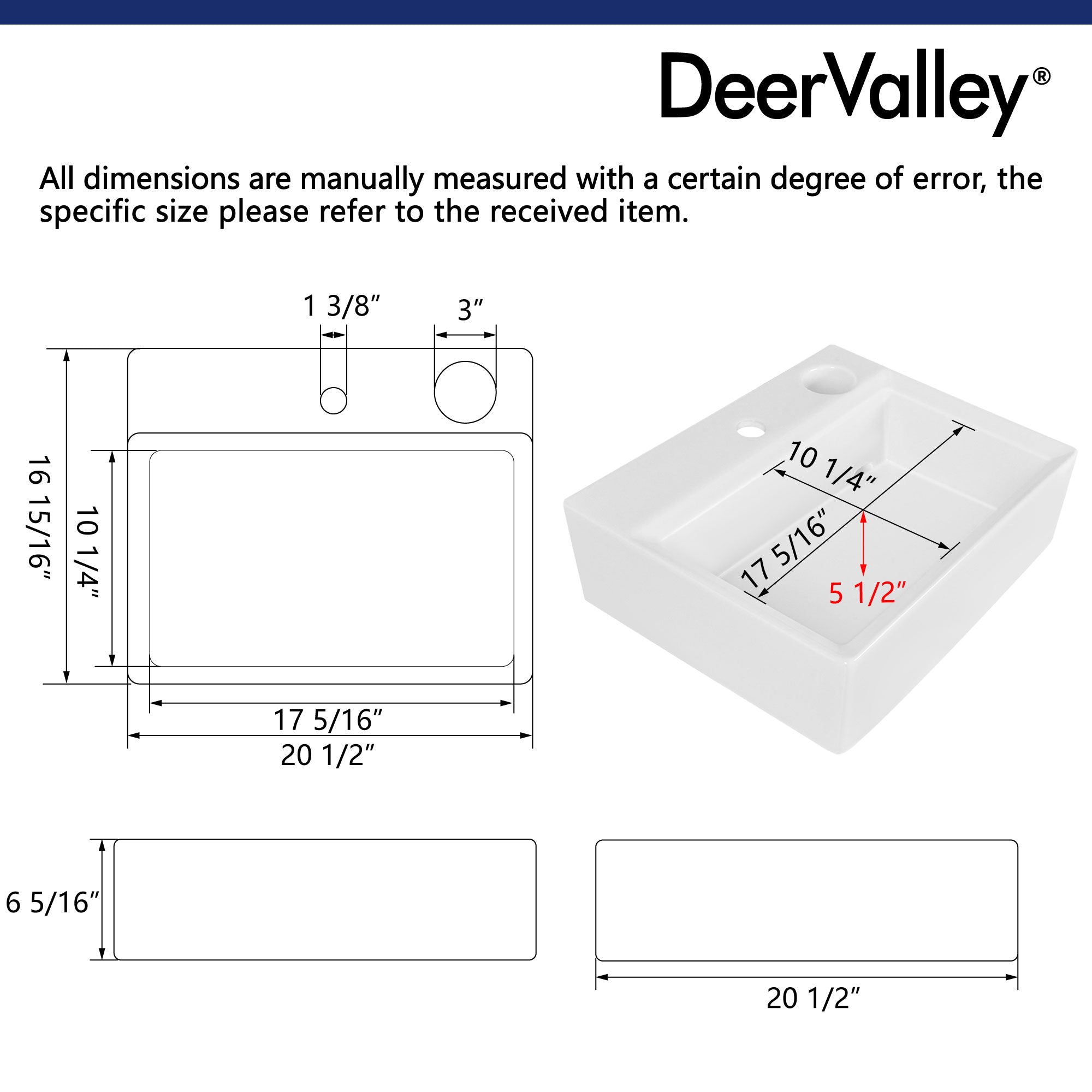 APEX 17" Rectangular Vessel Bathroom Sink, With Hidden Drainage