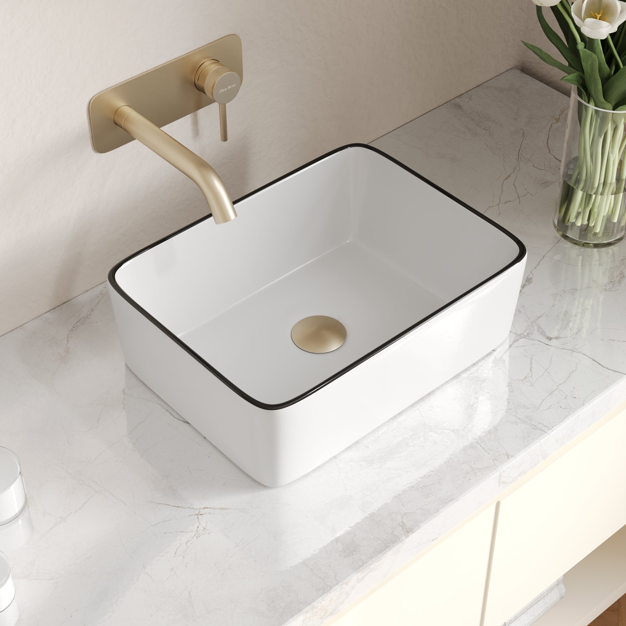 DeerValley Liberty 16"x 12" Rectangular Vitreous China Vessel Bathroom Sink, White with Black Striped Edge - DV-1V0317