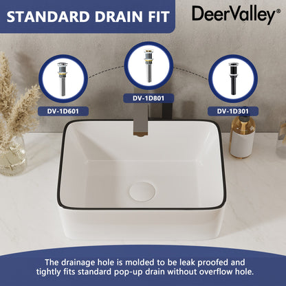 DeerValley Liberty 16"x 12" Rectangular Vitreous China Vessel Bathroom Sink, White with Black Striped Edge - DV-1V0317