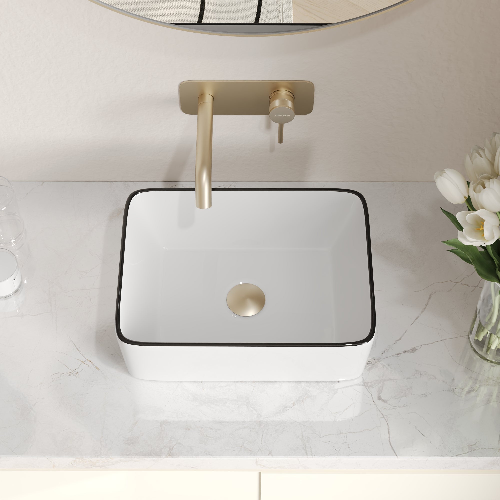 DeerValley Liberty 16"x 12" Rectangular Vitreous China Vessel Bathroom Sink, White with Black Striped Edge - DV-1V0317