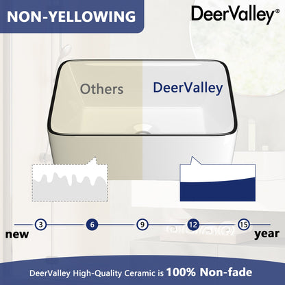 DeerValley Liberty 16"x 12" Rectangular Vitreous China Vessel Bathroom Sink, White with Black Striped Edge - DV-1V0317