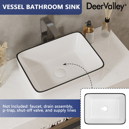 DeerValley Liberty 16"x 12" Rectangular Vitreous China Vessel Bathroom Sink, White with Black Striped Edge - DV-1V0317