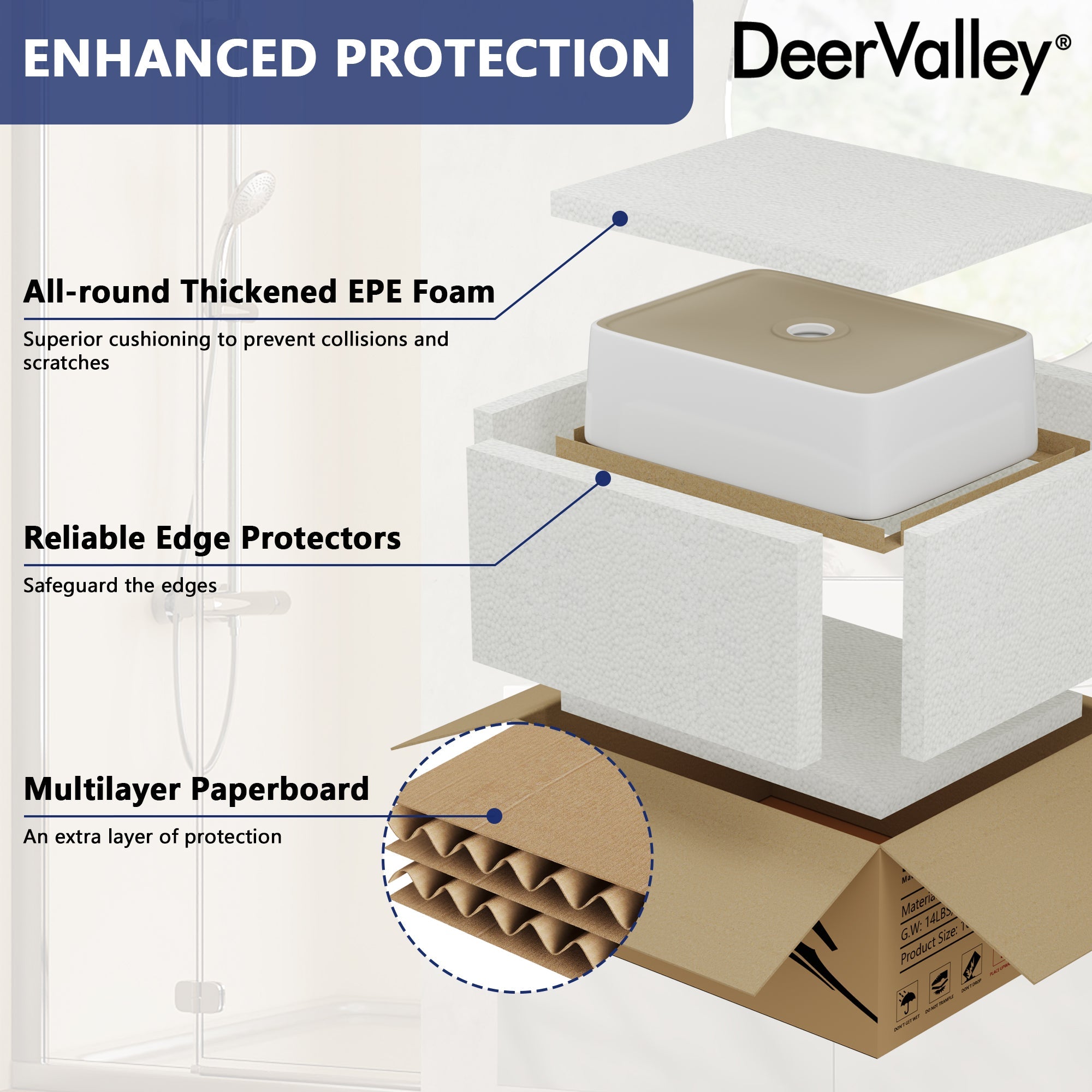 DeerValley Liberty 16"x 12" Rectangular Vitreous China Vessel Bathroom Sink, White with Black Striped Edge - DV-1V0317