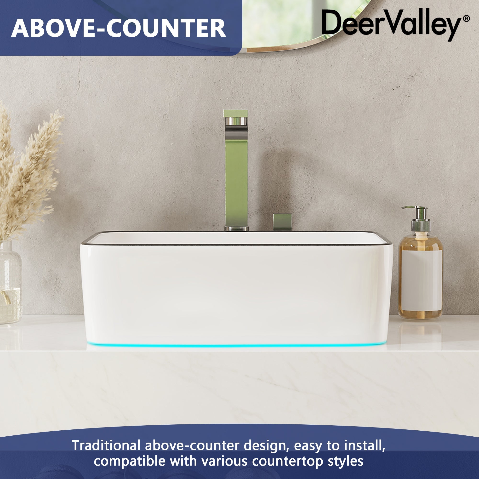 DeerValley Liberty 16"x 12" Rectangular Vitreous China Vessel Bathroom Sink, White with Black Striped Edge - DV-1V0317