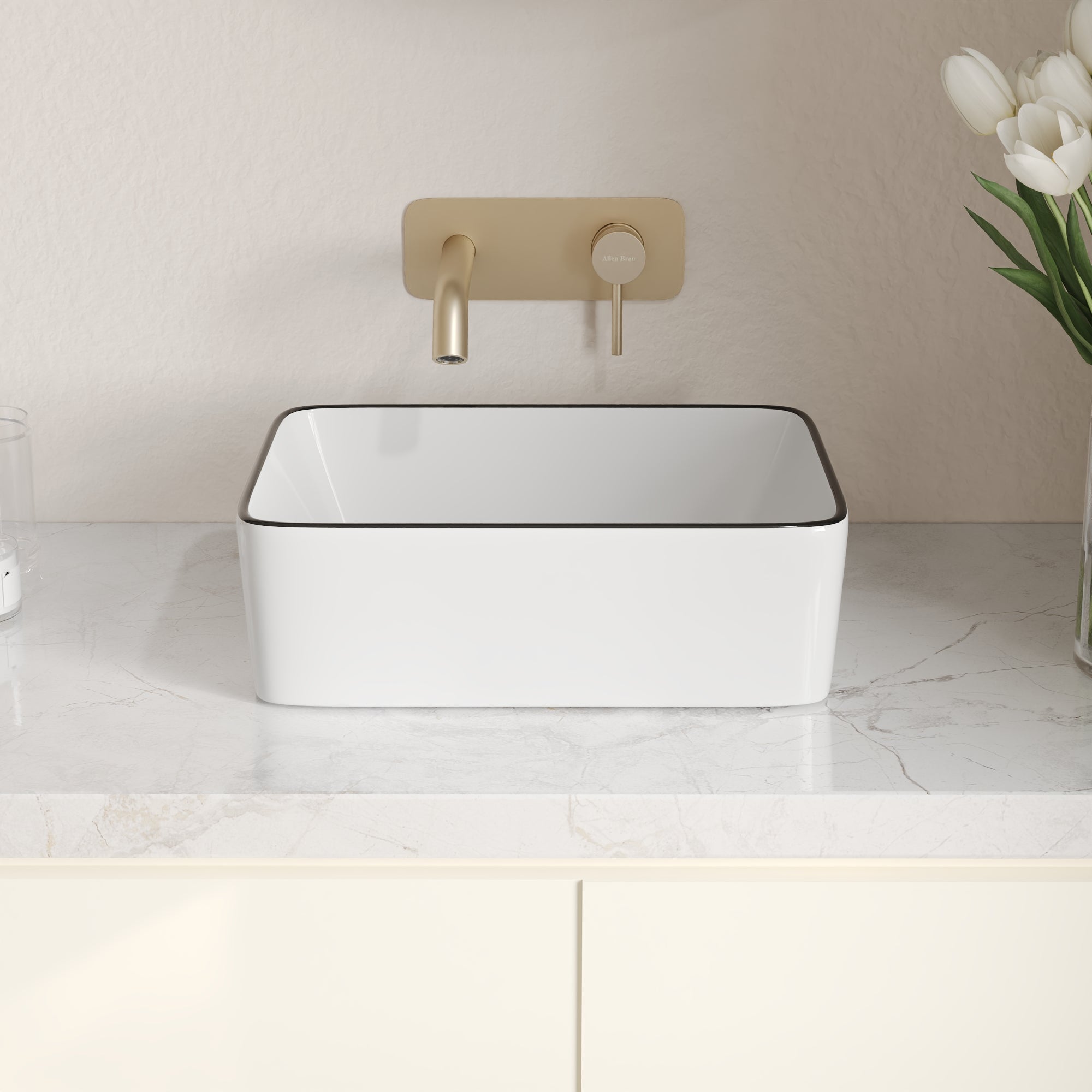 DeerValley Liberty 16"x 12" Rectangular Vitreous China Vessel Bathroom Sink, White with Black Striped Edge - DV-1V0317