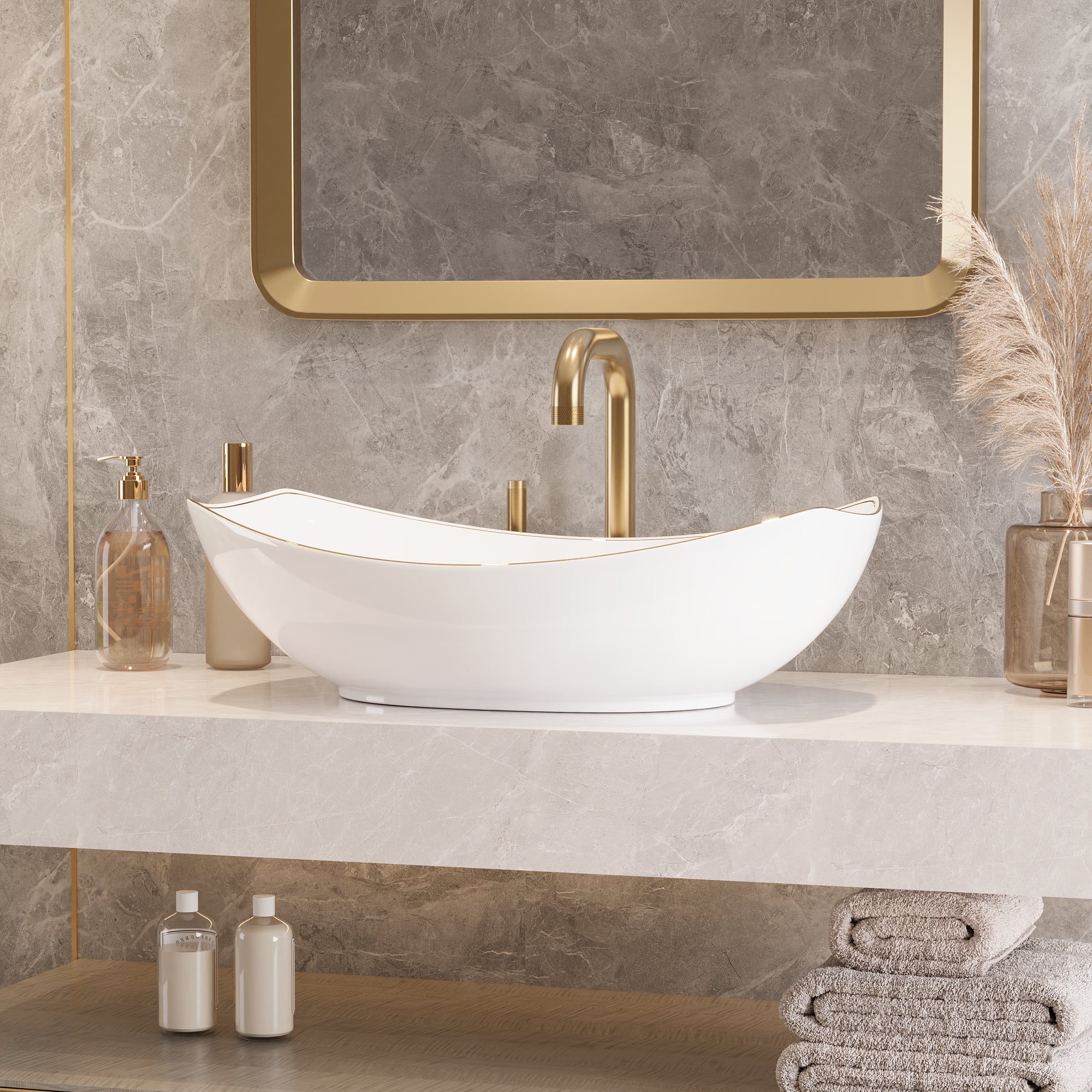 DeerValley 22" x 16" Boat-Shaped Ceramic Vessel Sink with Gold Striped Edges - DV-1V0319