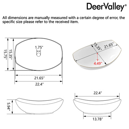DeerValley 22" x 16" Boat-Shaped Ceramic Vessel Sink with Gold Striped Edges - DV-1V0319