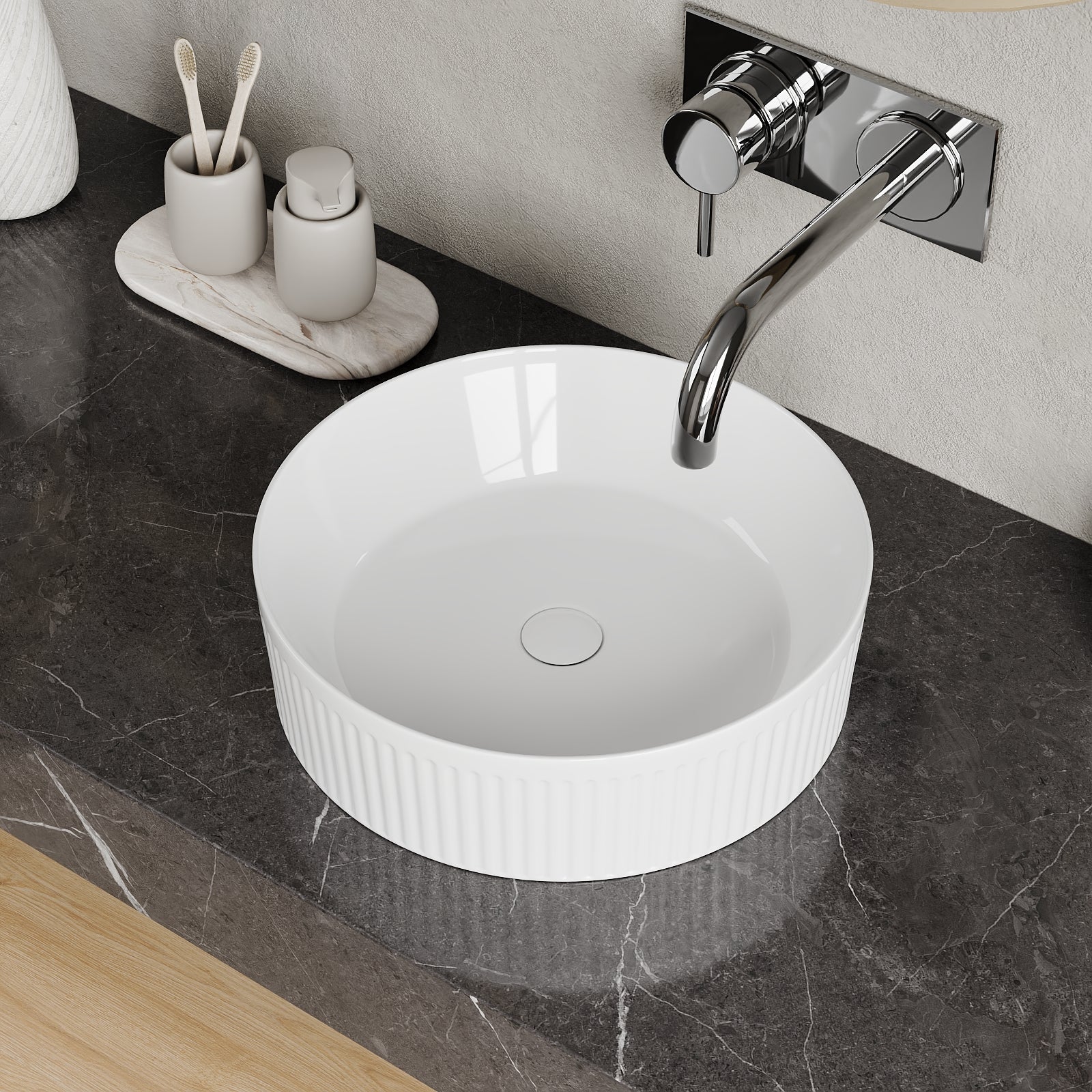 DeerValley DV-1V0320 16" x 16" Round Ceramic Vessel Sink with Wavy Texture Design