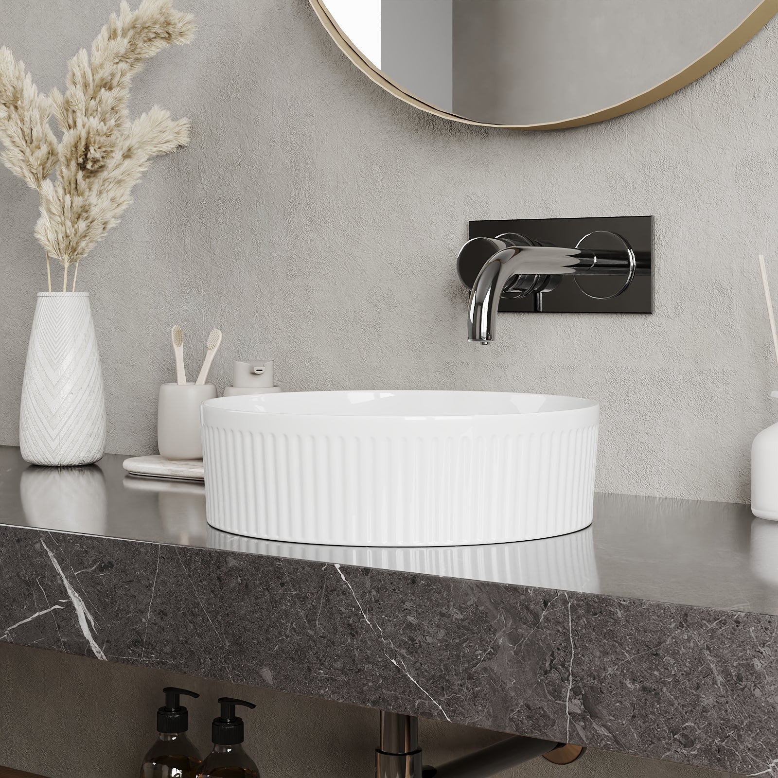 DeerValley DV-1V0320 16" x 16" Round Ceramic Vessel Sink with Wavy Texture Design