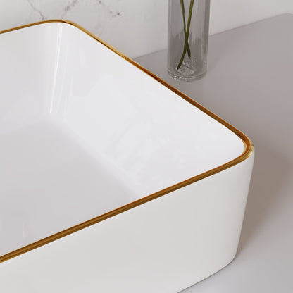 DeerValley Vessel Sink Rectangle 19"x15" Bathroom Sink with Gold Trim, White Ceramic Rectangular Above Counter Porcelain Art Basin,19 Inch Modern Sink, DV-1V0365