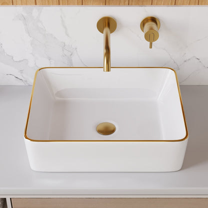 DeerValley Vessel Sink Rectangle 19"x15" Bathroom Sink with Gold Trim, White Ceramic Rectangular Above Counter Porcelain Art Basin,19 Inch Modern Sink, DV-1V0365