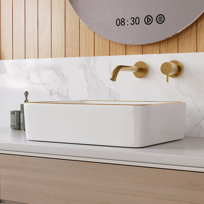 DeerValley Vessel Sink Rectangle 19"x15" Bathroom Sink with Gold Trim, White Ceramic Rectangular Above Counter Porcelain Art Basin,19 Inch Modern Sink, DV-1V0365
