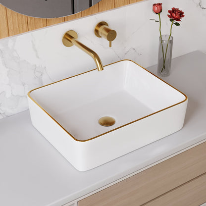 DeerValley Vessel Sink Rectangle 19"x15" Bathroom Sink with Gold Trim, White Ceramic Rectangular Above Counter Porcelain Art Basin,19 Inch Modern Sink, DV-1V0365